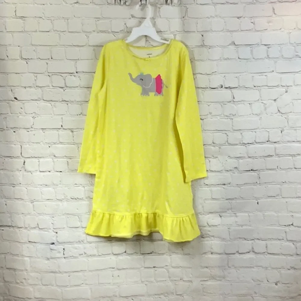 Carter's Elephant Nightgown Girls L 10 12 Yellow Polka Dot Ruffle Sleep Gown Pjs
